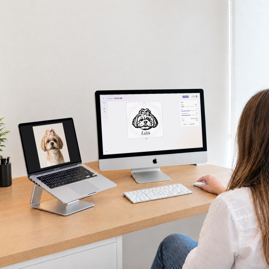 En la oficina, la foto de Lola en la laptop y su diseño en la iMac, listo para grabar